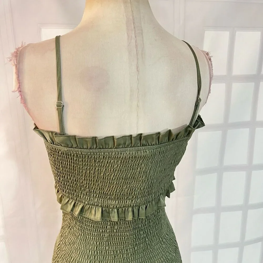 Mable Green Ruffle Smocked Spaghetti Strap Long Tiered Midi Dress Size Small - Picture 6 of 11